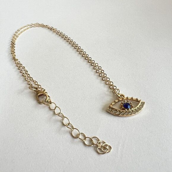 NEW Evil Eye Gold Rhinestone Blue White Necklace 16” chain lobster claw clasp - Picture 1 of 8